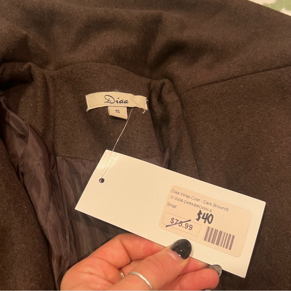 NWT Dark Brown Faux Wool Wrap-Tie Coat - Picture 9 of 13